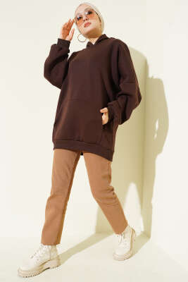 Kanguru Cepli Kapüşonlu Şardonlu Sweatshirt Kahve - Tunik