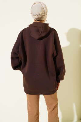 Kanguru Cepli Kapüşonlu Şardonlu Sweatshirt Kahve - Tunik