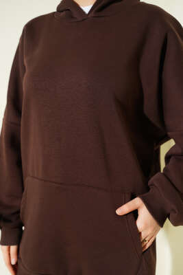 Kanguru Cepli Kapüşonlu Şardonlu Sweatshirt Kahve - Tunik