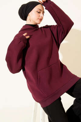 Kanguru Cepli Kapüşonlu Şardonlu Sweatshirt Mürdüm - ADYES