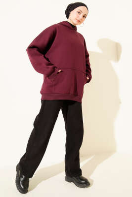 Kanguru Cepli Kapüşonlu Şardonlu Sweatshirt Mürdüm - Tunik