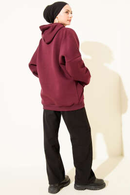 Kanguru Cepli Kapüşonlu Şardonlu Sweatshirt Mürdüm - Tunik