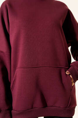 Kanguru Cepli Kapüşonlu Şardonlu Sweatshirt Mürdüm - Tunik