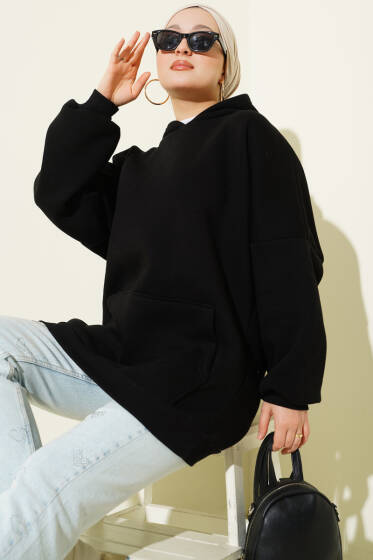Kanguru Cepli Kapüşonlu Şardonlu Sweatshirt Siyah - Tunik