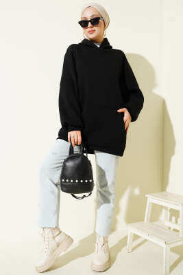 Kanguru Cepli Kapüşonlu Şardonlu Sweatshirt Siyah - Tunik