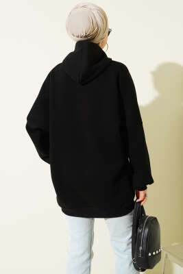 Kanguru Cepli Kapüşonlu Şardonlu Sweatshirt Siyah - Tunik