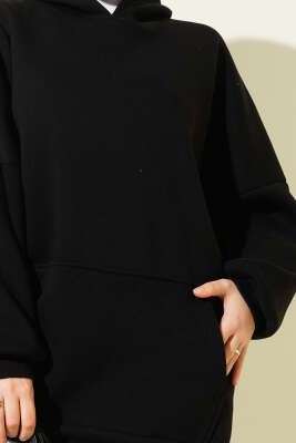 Kanguru Cepli Kapüşonlu Şardonlu Sweatshirt Siyah - Tunik