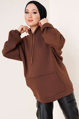 Kanguru Cepli Oversize Tunik Kahve 