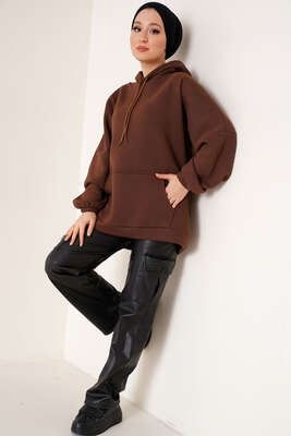 Kanguru Cepli Oversize Tunik Kahve - Tunik