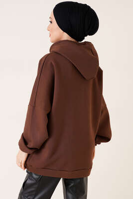Kanguru Cepli Oversize Tunik Kahve - Tunik