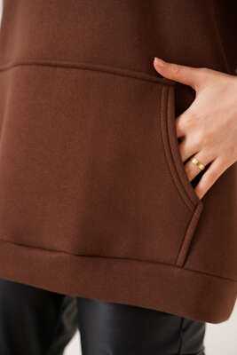 Kanguru Cepli Oversize Tunik Kahve - Tunik