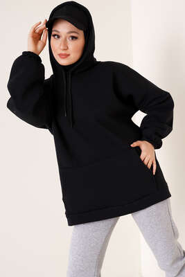 Kanguru Cepli Oversize Tunik Siyah - Tunik