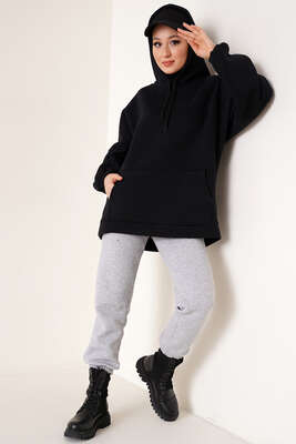 Kanguru Cepli Oversize Tunik Siyah - Tunik