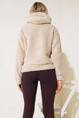 Kanguru Cepli Peluş Sweatshirt Bej - Kadın Giyim Modelleri