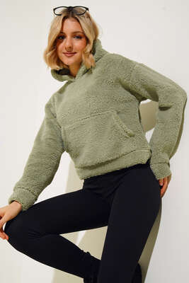 Kanguru Cepli Peluş Sweatshirt Çağla Yeşil 