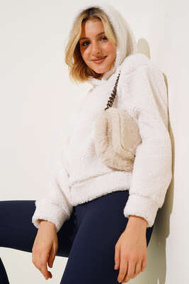 Kanguru Cepli Peluş Sweatshirt Ekru 