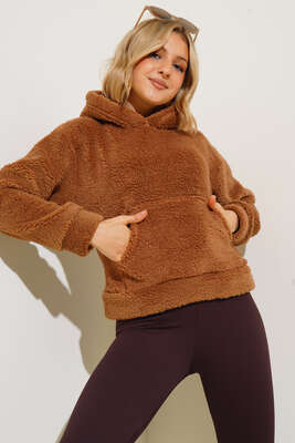 Kanguru Cepli Peluş Sweatshirt Kahve 