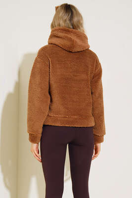 Kanguru Cepli Peluş Sweatshirt Kahve - Kadın Giyim Modelleri
