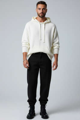 Kanguru Cepli Triko Erkek Sweatshirt Ekru - Erkek Sweatshirt