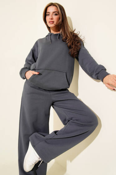 Kanguru Cepli Üç İplik Sweatshirt İkili Takım Füme - Günün Seçilenleri