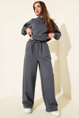 Kanguru Cepli Üç İplik Sweatshirt İkili Takım Füme - Günün Seçilenleri