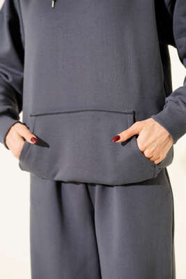 Kanguru Cepli Üç İplik Sweatshirt İkili Takım Füme - Günün Seçilenleri