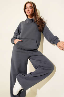 Kanguru Cepli Üç İplik Sweatshirt İkili Takım Füme - Kadın Giyim Modelleri
