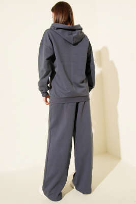 Kanguru Cepli Üç İplik Sweatshirt İkili Takım Füme - Kadın Giyim Modelleri