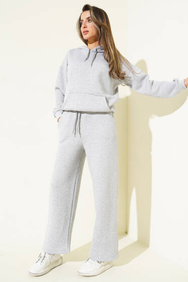 Kanguru Cepli Üç İplik Sweatshirt İkili Takım Gri - Kadın Giyim Modelleri