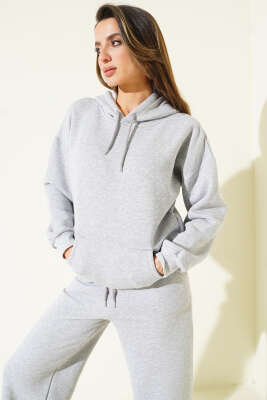 Kanguru Cepli Üç İplik Sweatshirt İkili Takım Gri - Kadın Giyim Modelleri