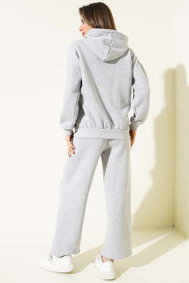 Kanguru Cepli Üç İplik Sweatshirt İkili Takım Gri - Kadın Giyim Modelleri