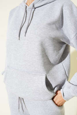 Kanguru Cepli Üç İplik Sweatshirt İkili Takım Gri - Kadın Giyim Modelleri