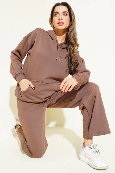 Kanguru Cepli Üç İplik Sweatshirt İkili Takım Kahve - Kadın Giyim Modelleri