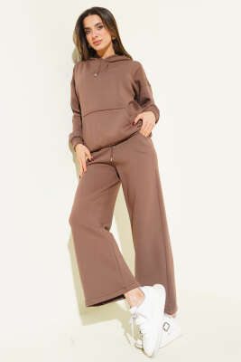 Kanguru Cepli Üç İplik Sweatshirt İkili Takım Kahve - Kadın Giyim Modelleri