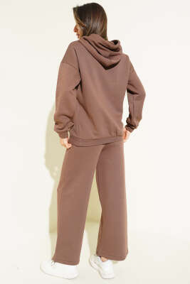 Kanguru Cepli Üç İplik Sweatshirt İkili Takım Kahve - Kadın Giyim Modelleri