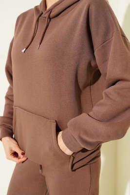Kanguru Cepli Üç İplik Sweatshirt İkili Takım Kahve - Kadın Giyim Modelleri