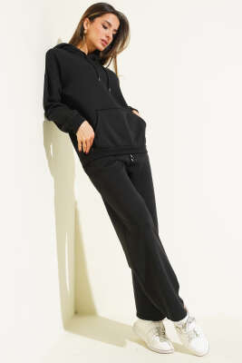 Kanguru Cepli Üç İplik Sweatshirt İkili Takım Siyah - MURAT GİYİM