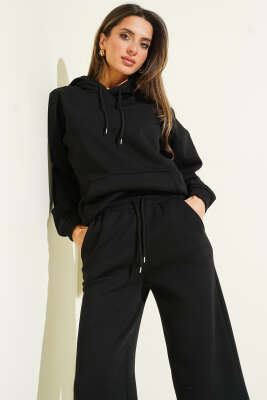 Kanguru Cepli Üç İplik Sweatshirt İkili Takım Siyah - Kadın Giyim Modelleri