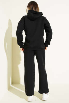 Kanguru Cepli Üç İplik Sweatshirt İkili Takım Siyah - Kadın Giyim Modelleri
