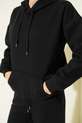 Kanguru Cepli Üç İplik Sweatshirt İkili Takım Siyah - Kadın Giyim Modelleri