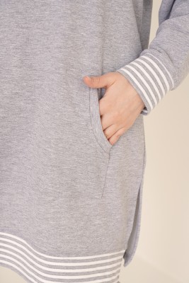 Kanguru Cepli Yırtmaçlı Gri Tunik - Tunik