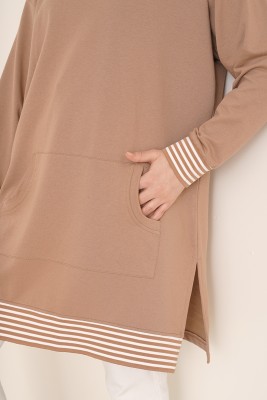 Kanguru Cepli Yırtmaçlı Latte Tunik - Tunik