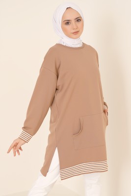 Kanguru Cepli Yırtmaçlı Latte Tunik - Tunik
