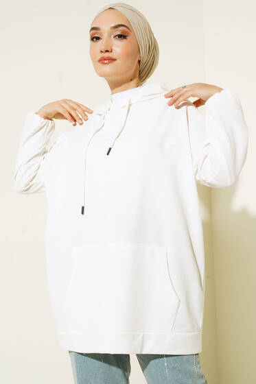 Kanguru İplik Bağcıklı Kapşonlu Tunik Ekru - Tunik