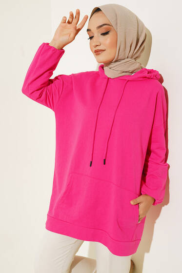 Kanguru İplik Bağcıklı Kapşonlu Tunik Fusya - Tunik