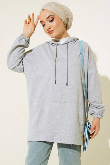 Kanguru İplik Bağcıklı Kapşonlu Tunik Gri - Tunik