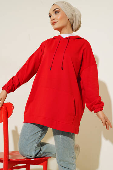 Kanguru İplik Bağcıklı Kapşonlu Tunik Kırmızı - Tunik