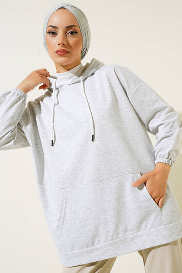 Kanguru İplik Bağcıklı Kapşonlu Tunik Melanj Gri - Tunik