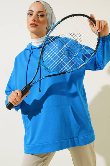 Kanguru İplik Bağcıklı Kapşonlu Tunik Saks - Tunik