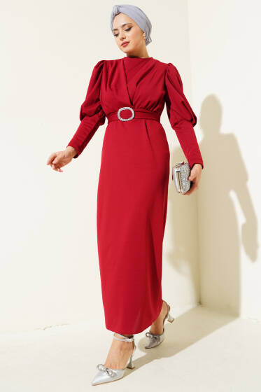 Kapalı Kruvaze Yaka Elbise Bordo - Elbise